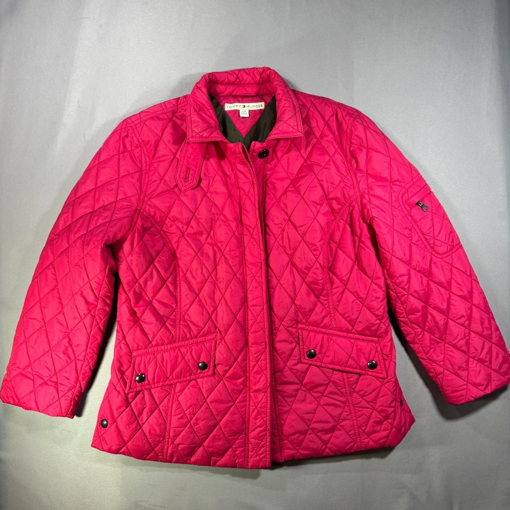 Tommy Hilfiger Womens Pink Quilted Barn Jacket Coat Size L Diamond Quilt Pockets